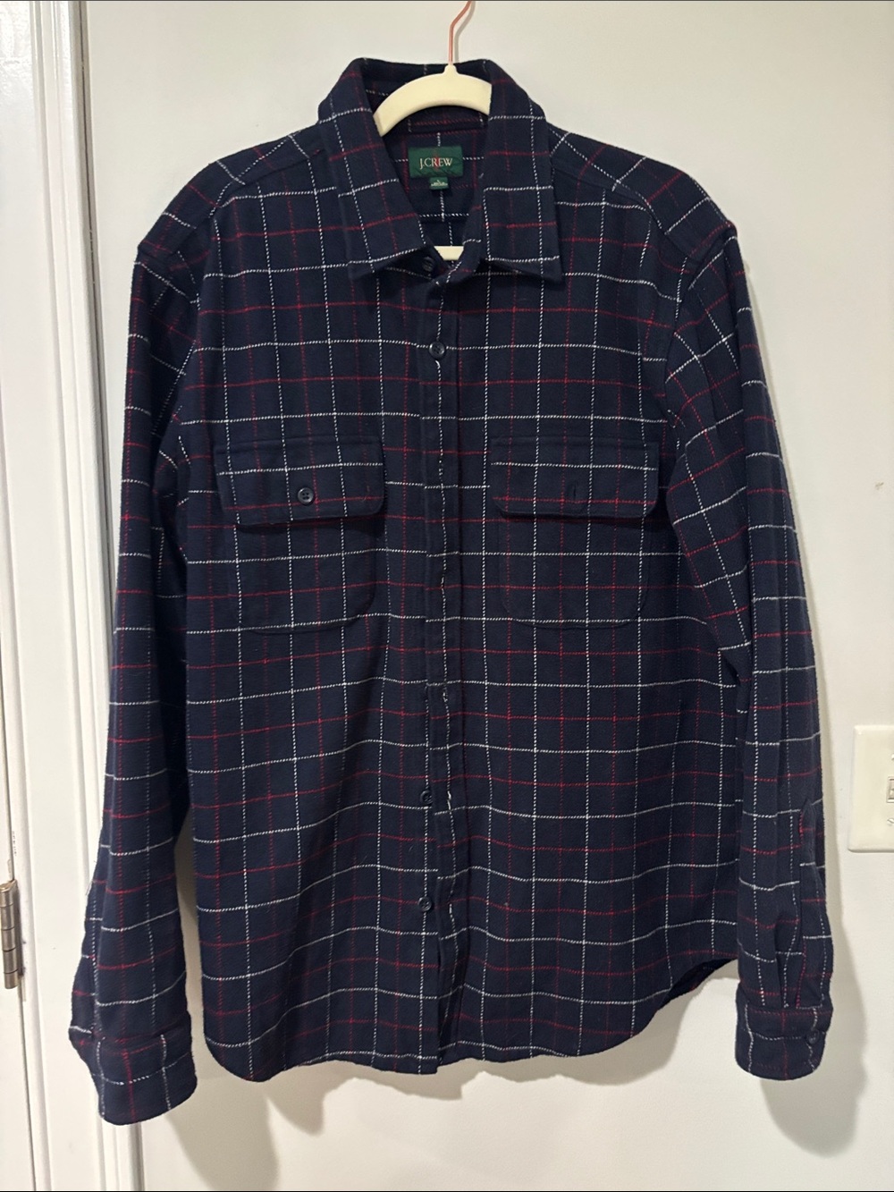 J. Crew Navy Plaid Button-Down Shacket with Red and White Windowpane